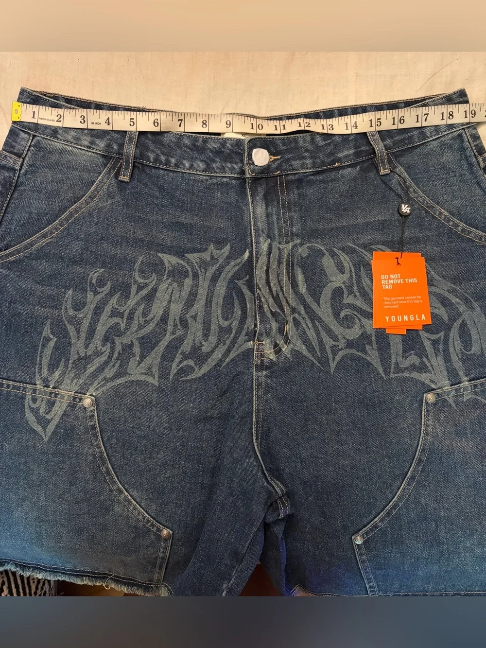 Young LA gangsta jorts Denim Flame Graphic Shorts - Dark Wash